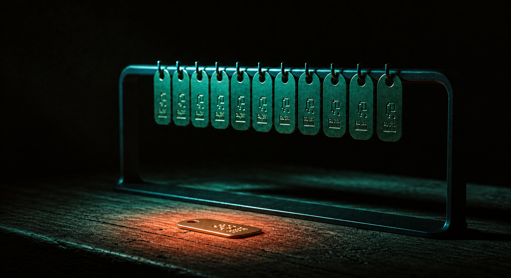 Eleven identical small tags hang in an even row from a steel rack on a dark workshop bench, all lit teal and stamped with the same marks, while a twelfth identical tag lies fallen on the bench below in a pool of coral light, its stamp visibly different.
