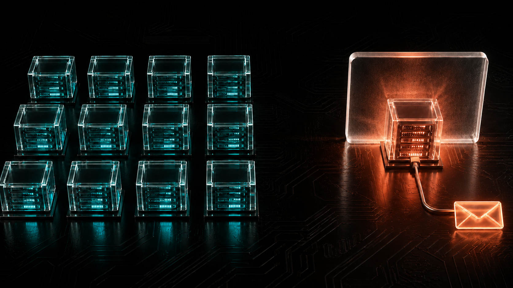 Twelve identical glass server boxes lit teal in a redundant grid on a dark circuit board; set apart behind its own thick translucent wall, a thirteenth box glows coral, cabled to a single envelope icon.