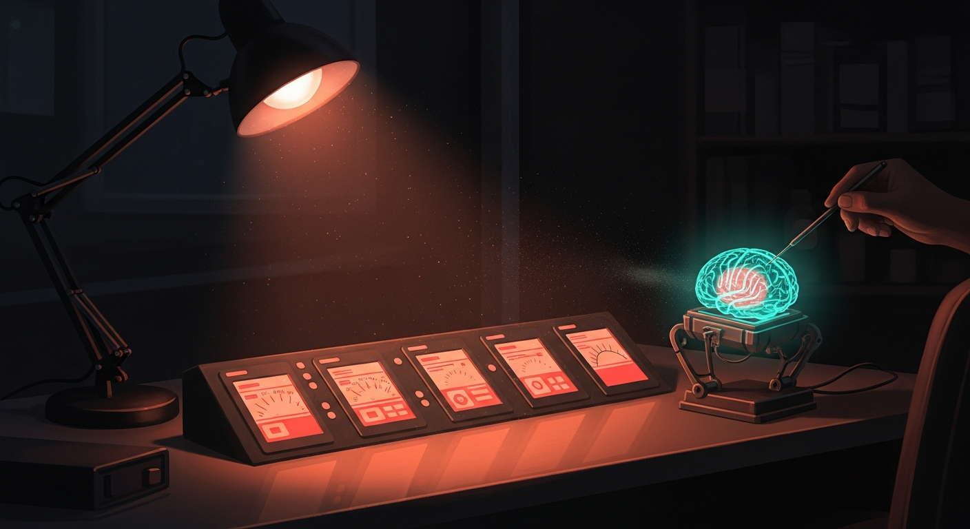 A lamp-lit desk at night with five glowing index-card instrument panels and a small robotic arm probing a glowing teal brain-shaped core.