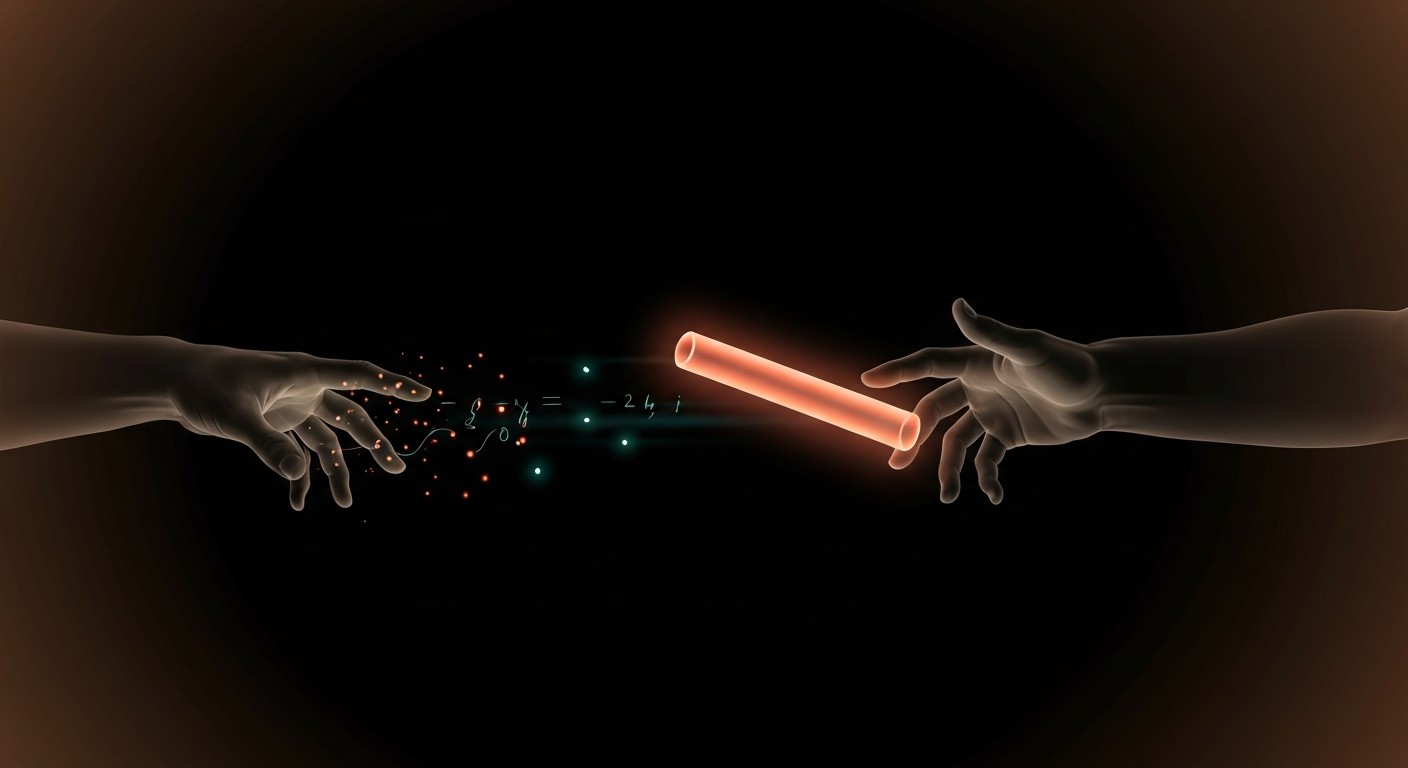 A baton of light passing hand to hand down a dim relay line, each handoff leaving a faint paper trail glowing where it was set down.