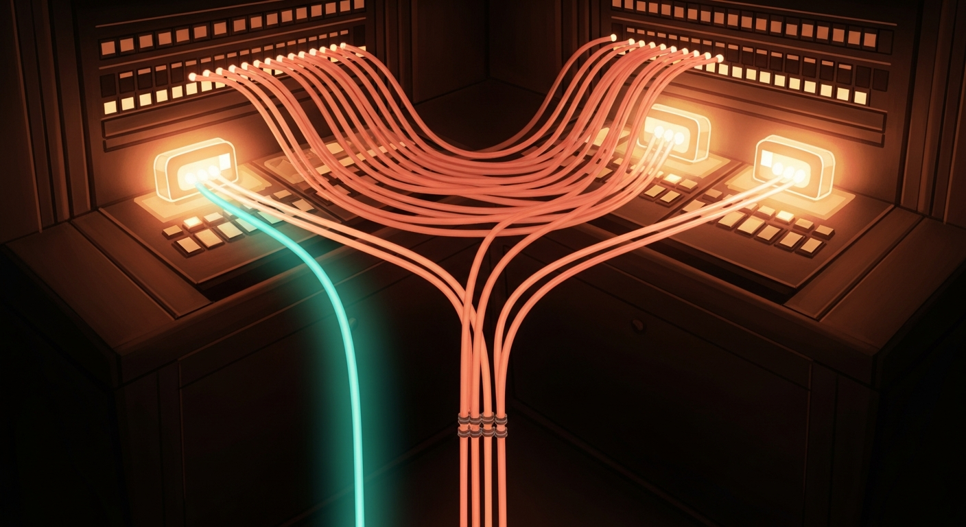 A glowing switchboard console where many cables converge into one bright junction, then fork into two identical glowing paths.