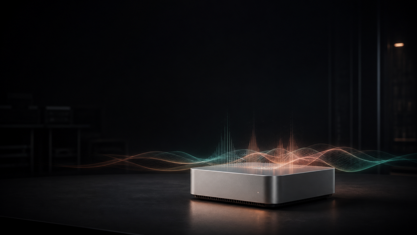 A Mac mini glowing on a dark desk, waveform lines rendered in low light