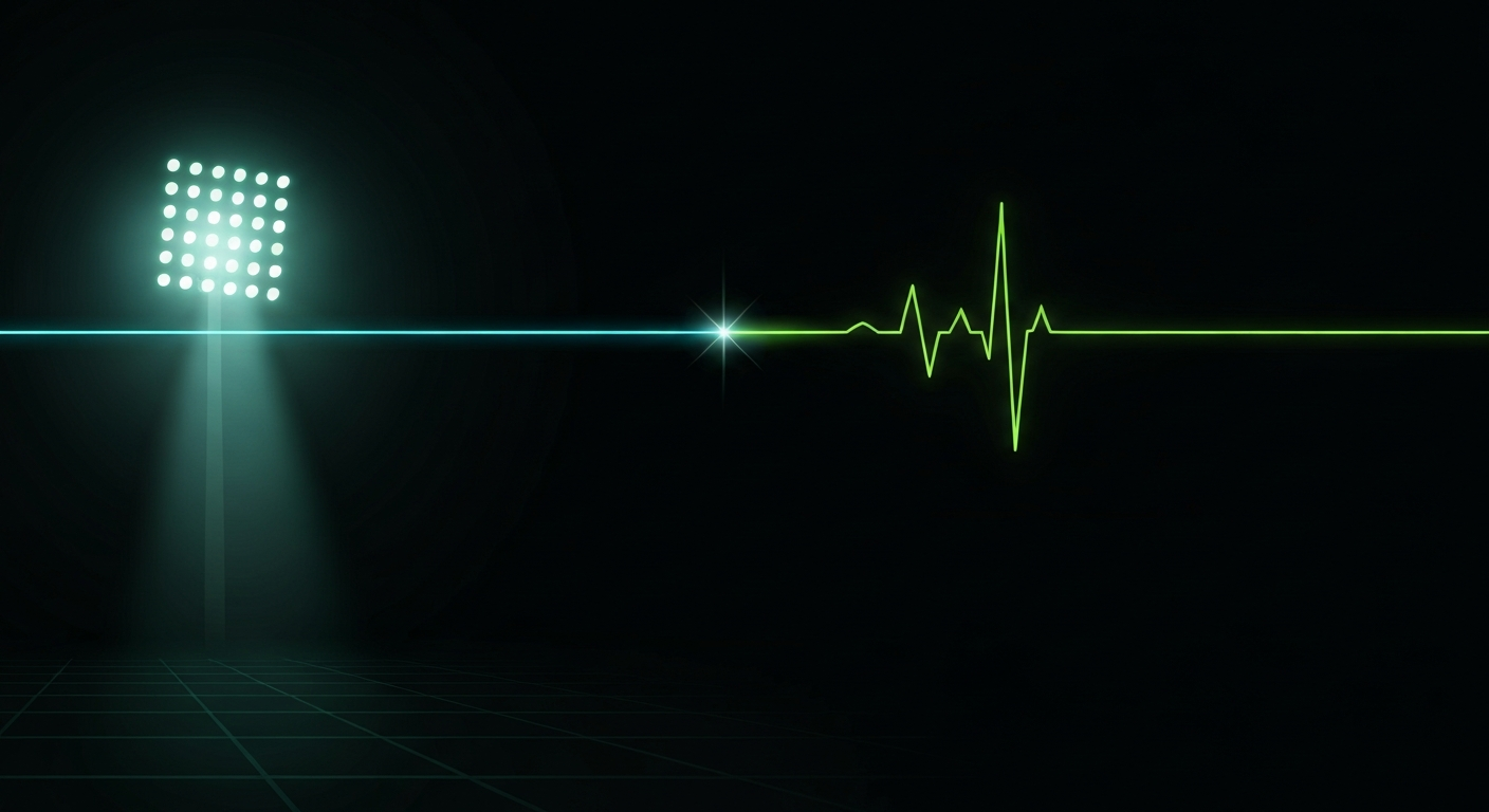 A stadium floodlight glowing at the edge of a dark broadcast desk, its beam a calm cyan pulse that snaps into a sharp lime-green heartbeat partway across the frame — a live signal changing state.