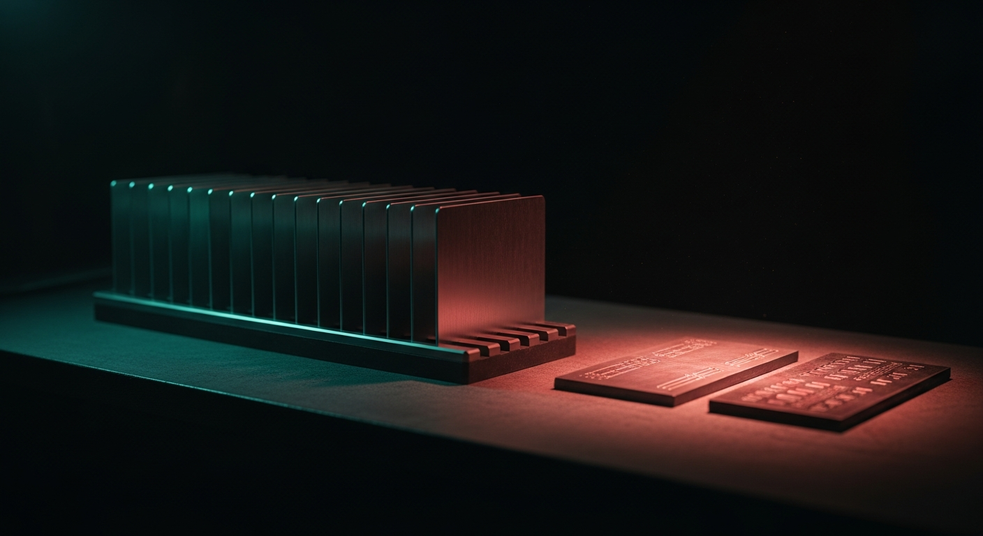 A long rack of identical steel plates edge-lit in teal on a dark bench, with one plate lifted out and laid in a pool of coral light beside a heavier engraved master plate, their marks side by side and visibly different.